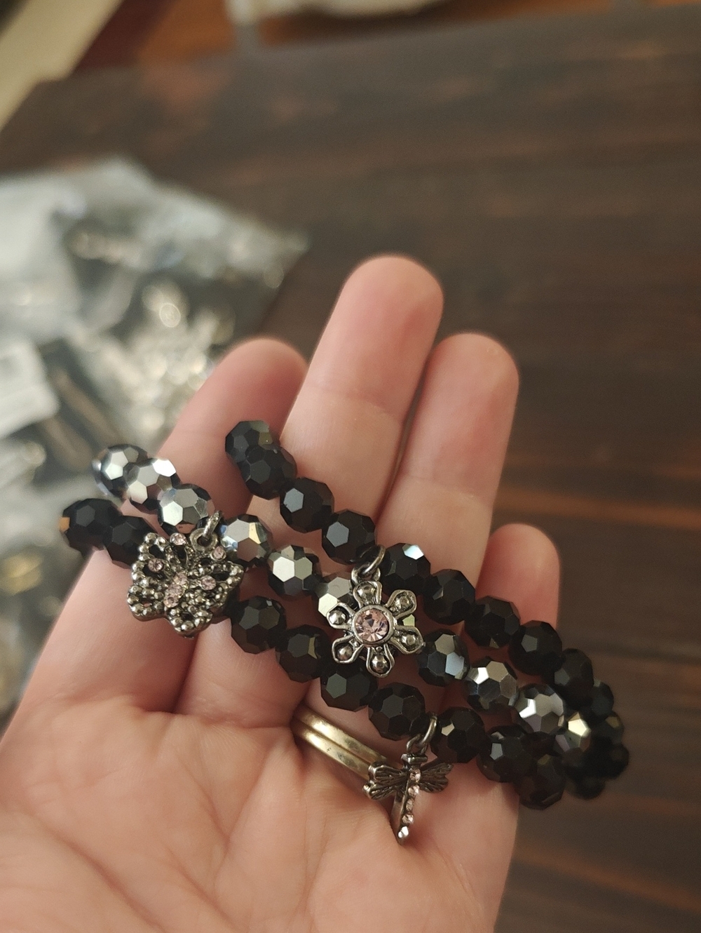 Black Faceted Bead Stretch Bracelet Set with Silver Charms AA31 6821
